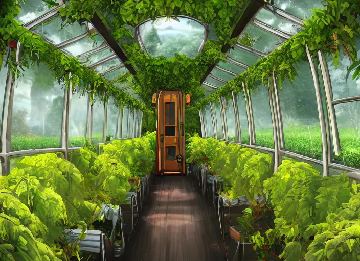 Prompt: A beautiful interior of an overgrown bus full of lush plants, rich vines and verdant flowers, detailed, sharp, digital art, trending on Artstation, thick atmosphere