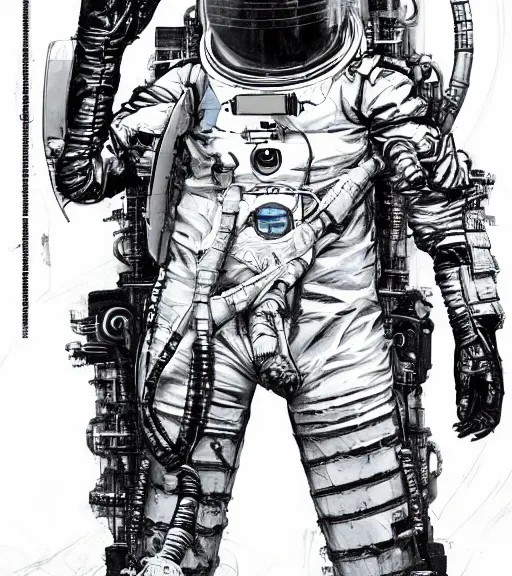 Image similar to realistic cyberpunk engineer with long limbs and a black spacesuit on a spacewalk, techwear, dead space, visible face, Industrial Scifi, detailed illustration, character portrait, by Ashley Wood and Moebius