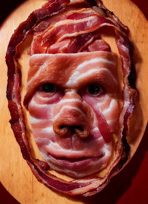 Image similar to bacon in the shape of a human face, human face made out of bacon, kevin bacon made out of bacon, professional food photography, unreal engine