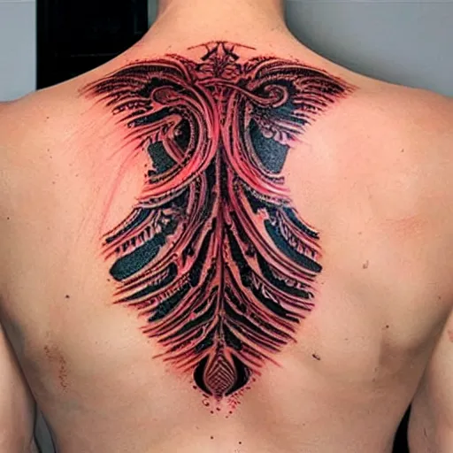 Prompt: bioorganic back tattoo, red highlights