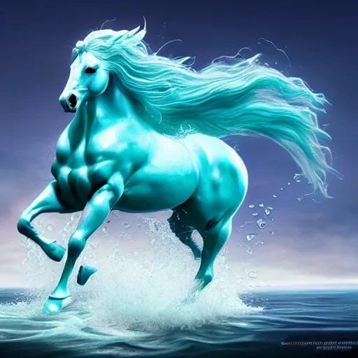 Image similar to a fantastical transparent small turquoise spirit horse made of water and foam and algae, splashing water, wave, translucent, ethereal, noble, radiant, hyperalism, scottish folklore, digital painting, artstation, concept art, smooth, 8 k frostbite 3 engine, ultra detailed, art by artgerm and greg rutkowski and magali villeneuve