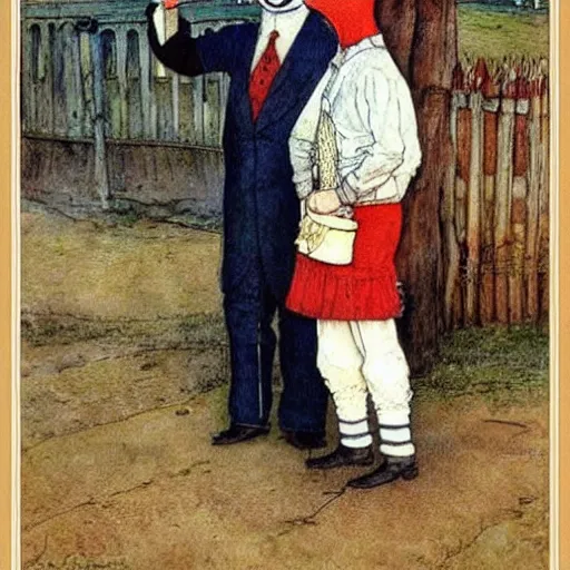 Image similar to painting by carl larsson, cow, dressed, anthropomorphic!!, wearing!!! clothes!!!, standing next to royal castle!!!