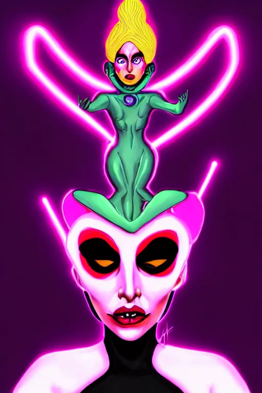 Image similar to lady gaga as queen toxique, an alien supervillainess with mutagenic powers, glowing energy effects, full color digital painting in the style of don bluth, jamie hewlett, artgerm, artstation trending, 8 0 s vibes