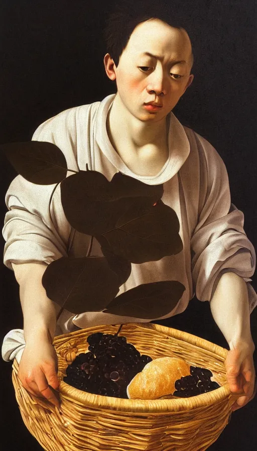 Image similar to hyperrealistic still life painting of a young man with a basket of bao by Caravaggio, botanical print