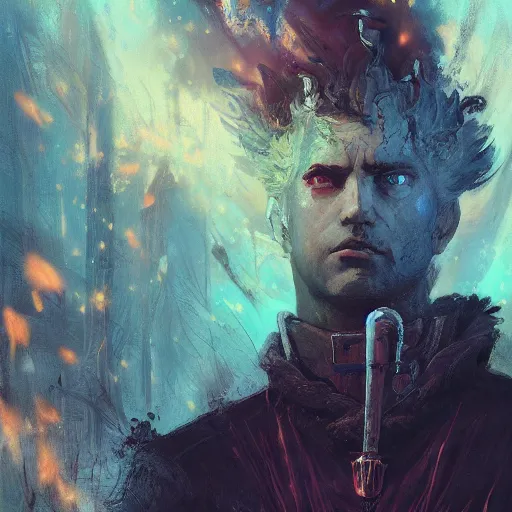 Image similar to !dream Infernopunk Spike Spiegel Magician Portrait portrait portrait Dungeon Exterior Man TheWitcher3WildHunt TheElderScrollsOblivion Cover Art Face Head Eyes Snack Warlock Wearing Flame Vest Ismail Inceoglu Arnold Bocklin Jakub Rebelka dug stanat Anime Brushstrokes Oil Painting Impasto