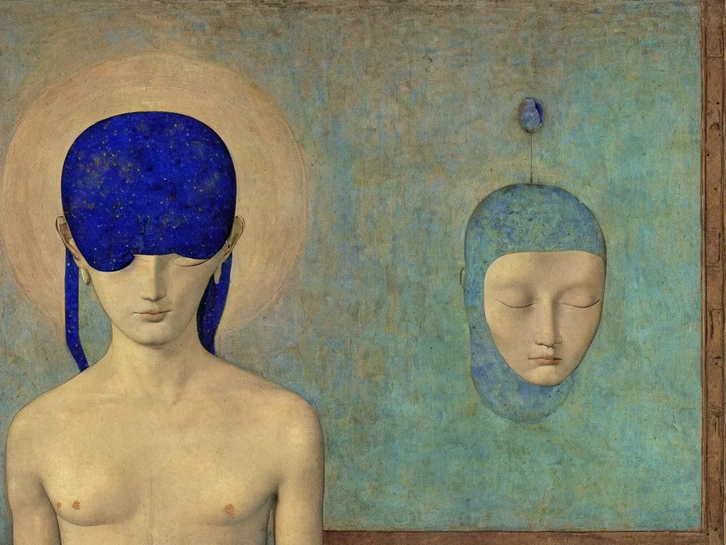 Image similar to portrait of a head in meditation with the third eye. lapis lazuli, malachite, turquoise, gold. painting by piero della francesca, balthus, agnes pelton