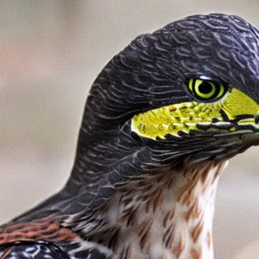 Image similar to snake and hawk morphed together, half snake half hawk, reptilian and avian features, real photo taken in zoo