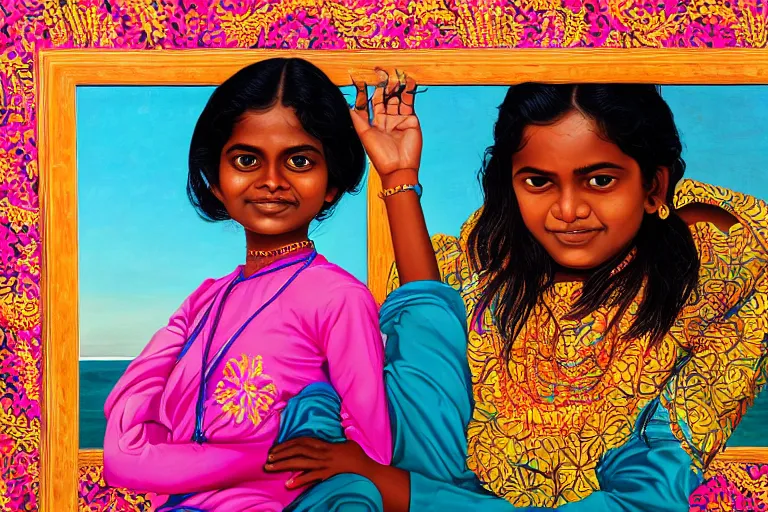 Prompt: a happy sri lankan girl at the beach with iridescent skin by kehinde wiley