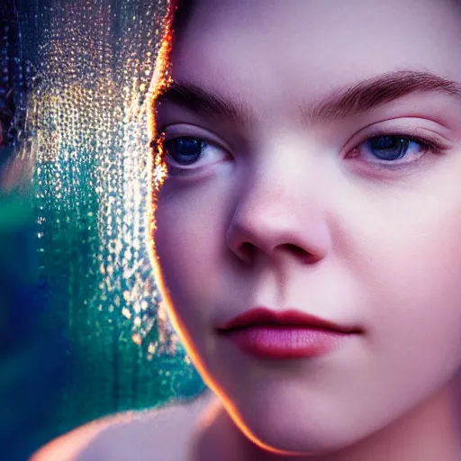 Image similar to portrait of a beautiful girl + anya taylor - joy floating under the deep dream water, beautiful smooth soft light + white petal, by personal photography, art by brookskim, closeup, 4 k, highly detailed, instagram,