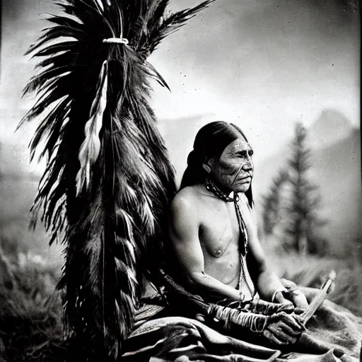 Image similar to vintage photo of a native american shaman by edward s curtis, photo journalism, photography, cinematic, national geographic photoshoot vignette