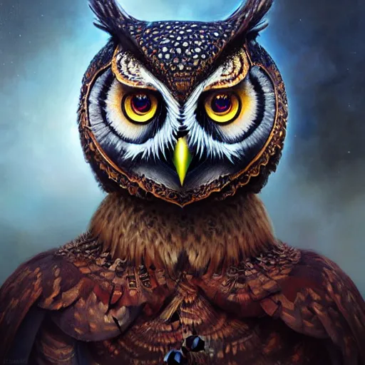 Image similar to a ultradetailed beautiful concept art of a an intricate wooden mask of an owl painted with beautiful colors, but the mask hide some dark secret, photorealism, ome reflexion in eyes, sharp details, volumetric light, high resolution 4 k, by tom bagshaw, greg rutkowski, charli bowater and artgeem