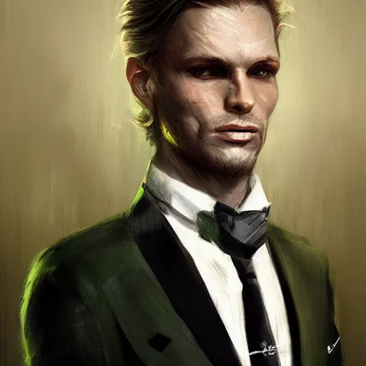 Prompt: portrait of a man with green eyes,long blonde hair,a tuxedo suit,digital art,detailed,realistic,art by greg rutkowski