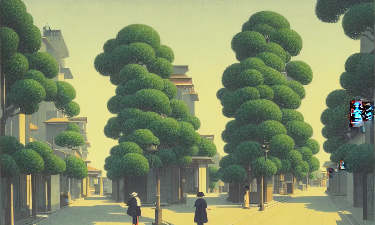 Prompt: an achingly beautiful print of a quiet street in Tokyo Japan with temples and plants, by Raphael, Hopper, and Rene Magritte. detailed, romantic, enchanting, trending on artstation.