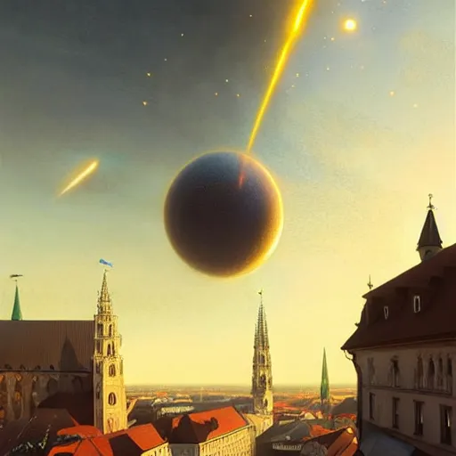 Image similar to , city of munich!!!, huge bright meteor falling from the skies!!!, people in panic!!, hyperrealistic, highly detailed, cinematic, golden sunlight, beautiful, cgssociety, artstation, 8 k, oil painting by greg rutkowski, by artgerm, by wlop