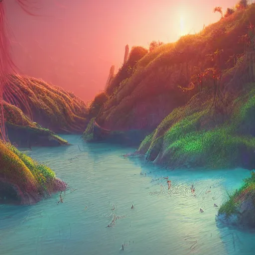 Image similar to digital art of a lush natural scene on an alien planet. beautiful landscape. weird vegetation. cliffs and water. grainy and rough. soft interesting colour palette. beautiful light. high quality render.