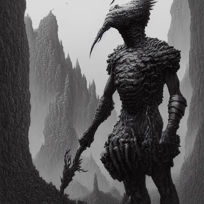 Prompt: a vertical portrait of a character in a scenic environment by wayne barlowe, black and white, dreamy, armor, highly detailed, 3 d render, vray, octane, realistic lighting