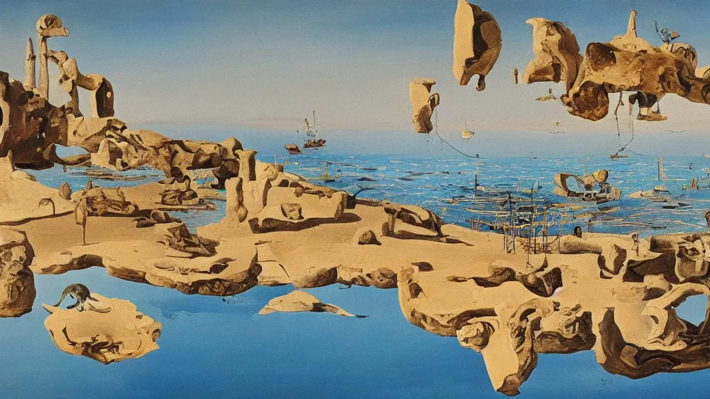 Prompt: High-Quality surrealist painting of Empuries, peaceful, very detailed, oil painting by Salvador Dalí.