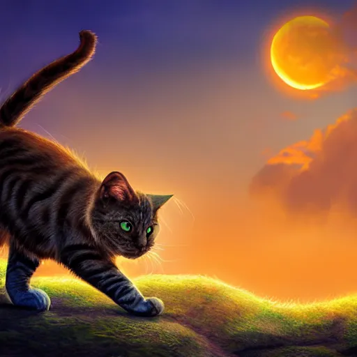 Image similar to fantasy cat looking at sunset, high detail, fantasy art, concept art, 4 k, ultra detail, computer art