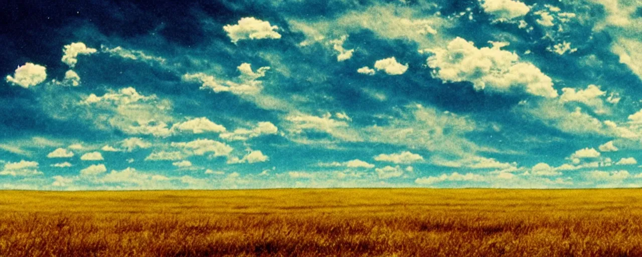 Image similar to film still of kansas landscape and sky, intricate, beautiful, serene, majestic, detailed, ultra, mega, super, visable sounds waves