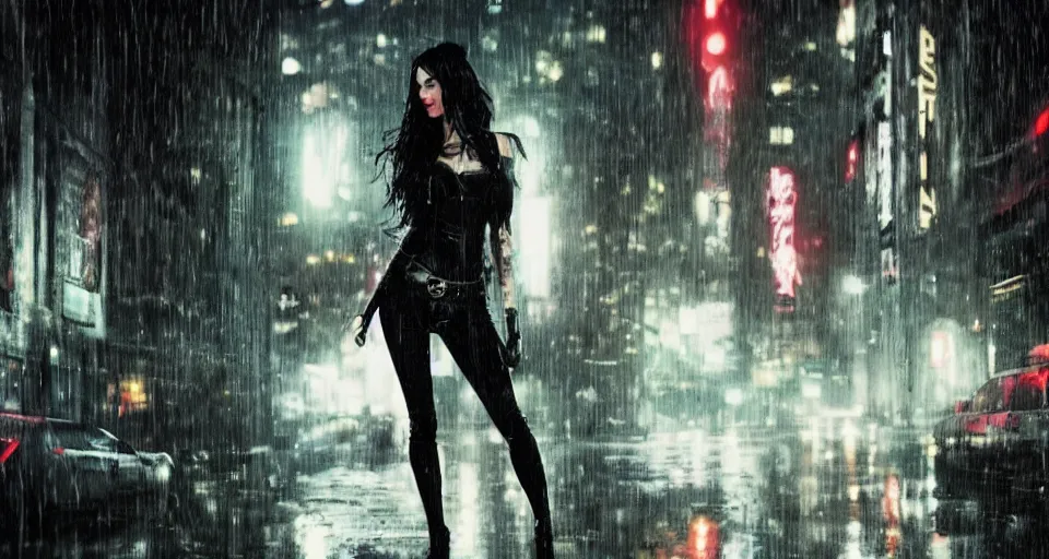 Prompt: a 2 8 mm closeup photo of megan fox posing as a vampire in emo clothing in a wet city street at night, intricate, hyper detailed, smooth, high contrast, neon, volumetric lighting, octane, moebius, greg rutkowski, blade runner, ripley scott, mad max, cindmatic