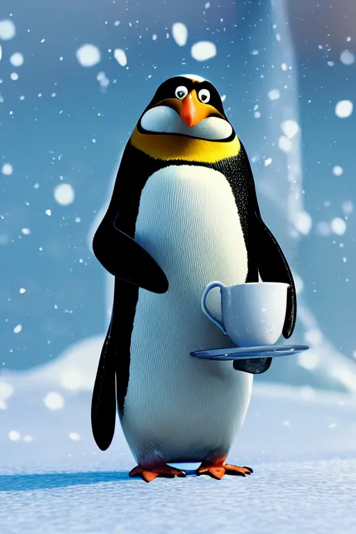 Prompt: portrait of a penguin drinking teacup with the snow in background, full body. pixar disney 4 k 3 d render funny animation movie oscar winning trending on artstation and behance, ratatouille style