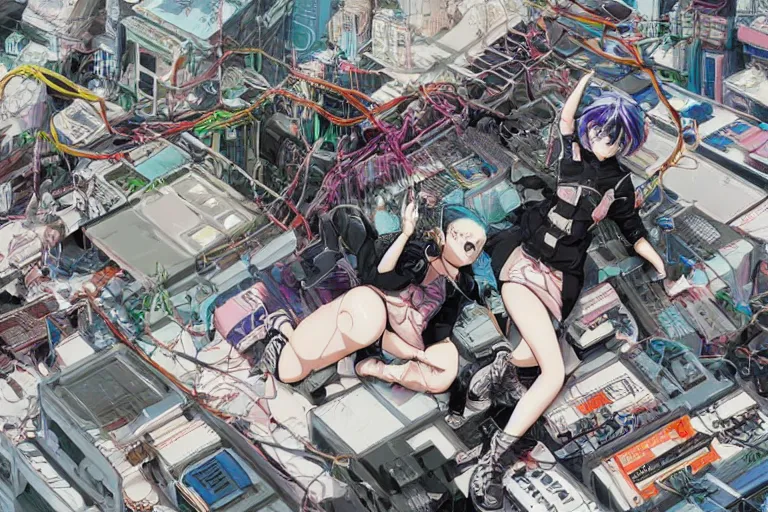 Prompt: a cyberpunk illustration of a group of super-coherent female androids dressed in seifuku in style of masamune shirow, lying scattered across an empty, white floor with their bodies rotated in different poses and cables and wires coming out, by yukito kishiro and katsuhiro otomo, hyper-detailed, intricate, view from above, colorful