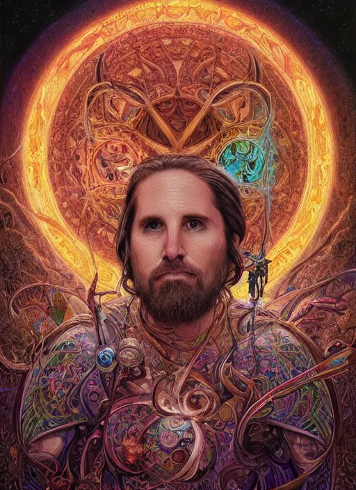 Image similar to duncan trussell, shamanic poster lsd art, intricate, elegant, highly detailed, centered, digital painting, artstation, concept art, smooth, sharp focus, illustration, artgerm, tomasz alen kopera, peter mohrbacher, donato giancola, joseph christian leyendecker, wlop, frank frazetta