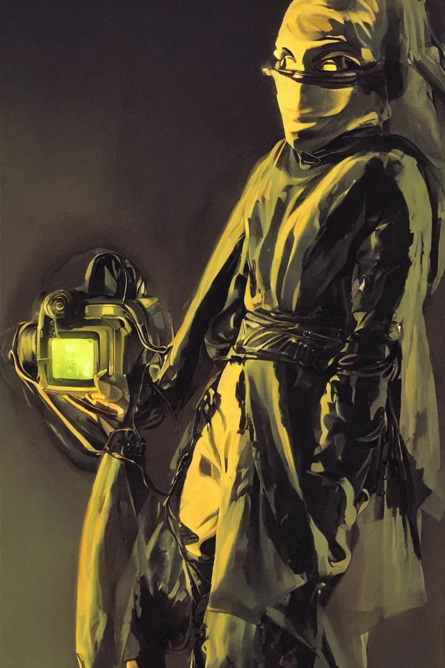 Prompt: androgynous ninja shaman tunic made of latex, radio goggles, techwear, iridiscent light, high key, cinematic lighting at night, neon, phil hale, boris vallejo, syd mead, masterpiece