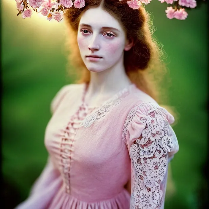 Image similar to Kodak Portra 400, 8K, soft light, volumetric lighting, highly detailed, britt marling style 3/4 ,portrait photo of a beautiful woman how pre-Raphaelites painter, a beautiful pink detailed lace dress and hair are intricate with highly detailed realistic beautiful flowers , Realistic, Refined, Highly Detailed, natural outdoor soft pastel lighting colors scheme, outdoor fine art photography, Hyper realistic, photo realistic