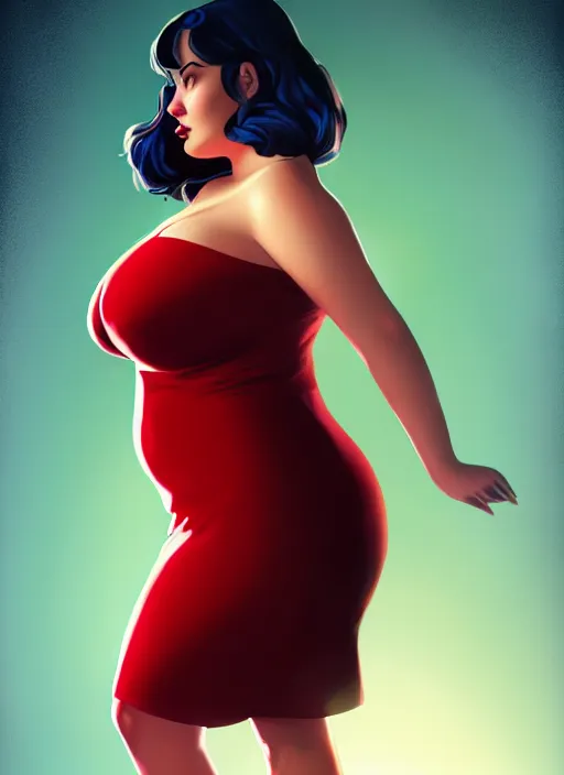 Image similar to full body portrait of teenage veronica lodge, obese, bangs, sultry, realistic, sultry smirk, wavy hair, red skirt, fat, belly, intricate, elegant, glowing lights, highly detailed, digital painting, artstation, concept art, smooth, sharp focus, illustration, art by wlop, mars ravelo and greg rutkowski