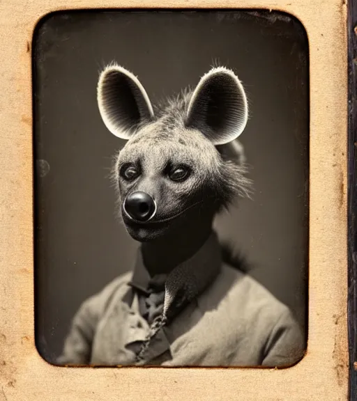 Prompt: professional studio photo portrait of anthro anthropomorphic spotted hyena head animal person fursona wearing clothes by Louis Daguerre daguerreotype