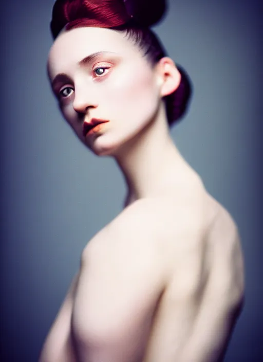 Image similar to kodak portra 4 0 0 photo portrait of a beautiful woman, sub surface scattering, hair baroque hair style, fineart in style of paolo roversi, 5 0 mm lens, sharp focus, head in focus, soft blur matt, volumetric lighting