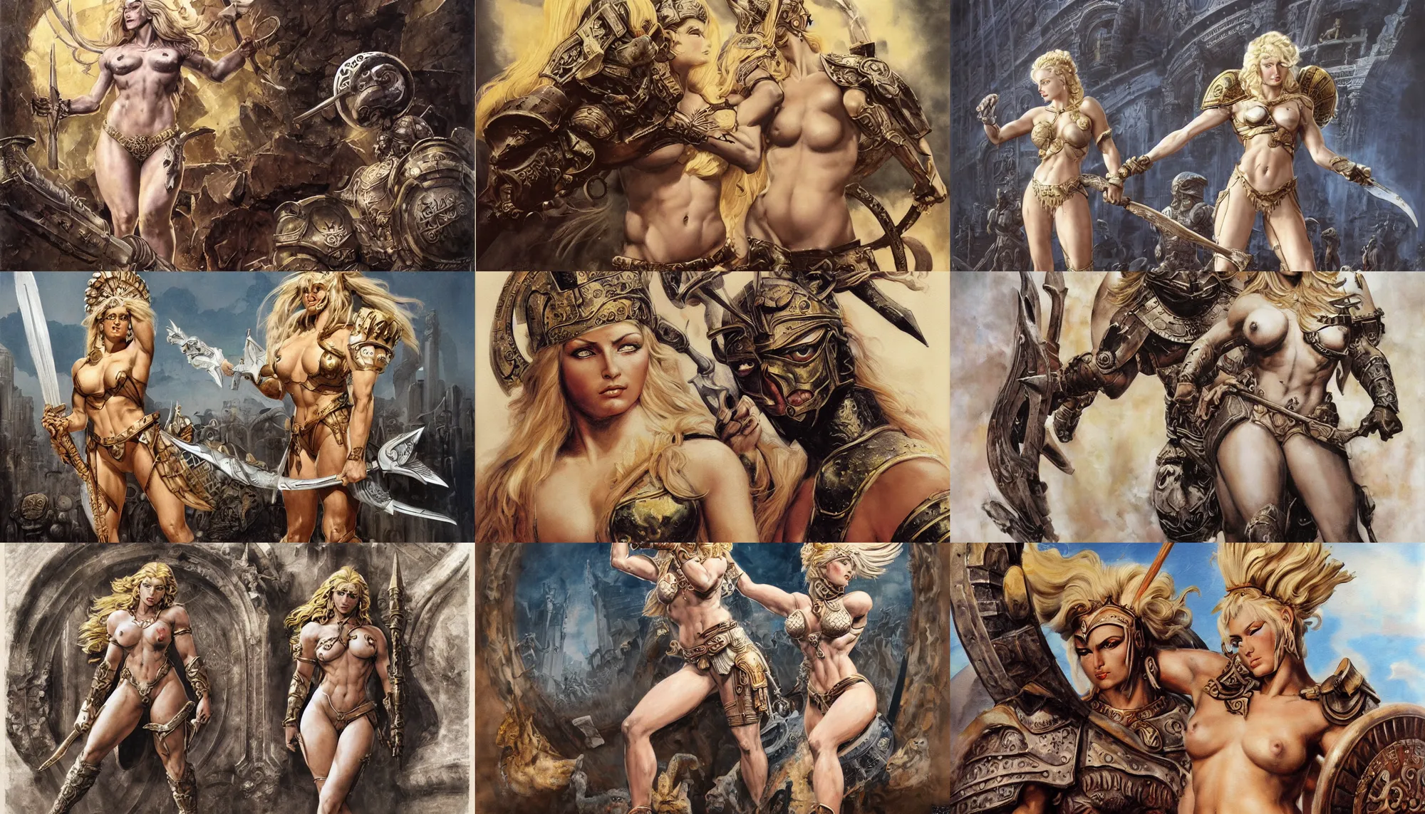 Prompt: A mixed media painting of a beautiful blonde goddess of war and mayhem, in a coliseum, very aesthetic, curvy, detailed face and eyes, spartan, by Frank Frazetta, Boris Vallejo, Greg Rutkowski, Christian MacNevin, epic fantasy character art, roman numerals, high fantasy, CGsociety, full length, exquisite detail, post-processing, masterpiece, cinematic, coliseum backdrop