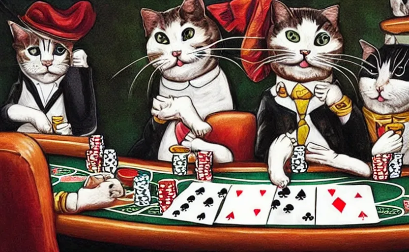 Prompt: funny cat playing poker, amazing artwork.