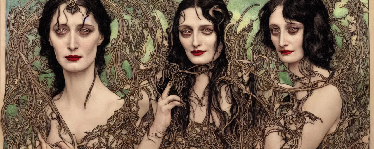 Prompt: stunning hyperdetailed art nouveau portrait of eva green wednesday addams and anjelica huston as the mythological 3 witches, by achilleos, kaluta and mucha, photorealism, extremely beautiful, perfect symmetrical facial features, perfect anatomy, strong confident eyes, witchcraft, glow of magic powers, eldritch crackle, lightning, fire, sparkling energy bolts