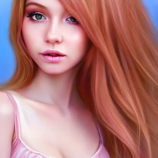 Image similar to beautiful hyperrealism hyperdetailed portrait of nikki from shining nikki dress - up game, a cute young woman, light pink hair, long hair with full bangs, full heart - shaped face, hazel amber eye color, pale skin, light blush, chinese heritage,, smiling softly, golden hour, soft focus, 8 k,