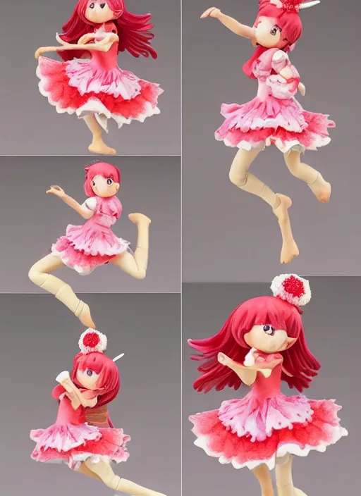 Prompt: a wholesome femo figurine of a cute funny strawberry fairy with freckles wearing a frilly floral strawberry dress featured on yotsuba by studio ghibly and disney, pastels, wide angle, dynamic dancing pose, 🎀 🍓 🧚