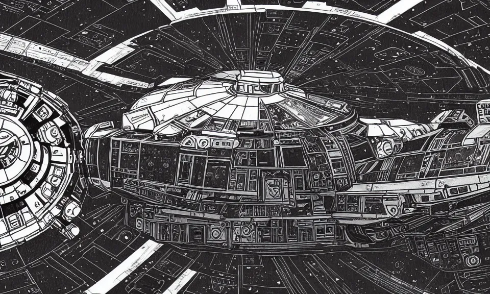 Image similar to interior of a millennium falcon from star wars, anime style, cozy, drawing, highly detailed