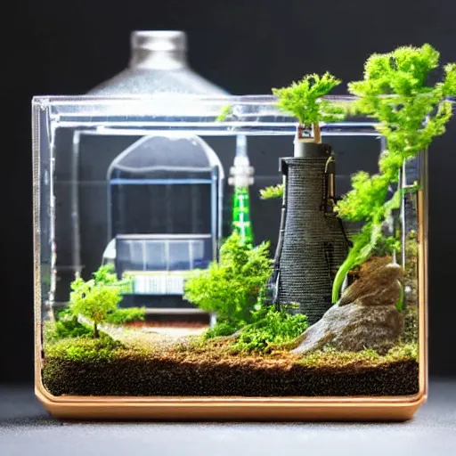 Prompt: a terrarium with nuclear power station diorama inside on top of a minimalist table, lit from the side