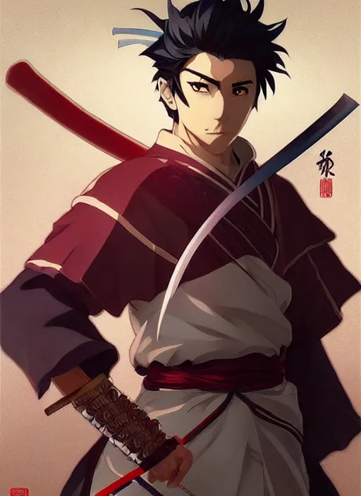 Image similar to Anime portrait handsome samurai water swordman , digital painting, concept art, d&d, art by ufotable and Artgerm and Greg Rutkowski and Alphonse Mucha