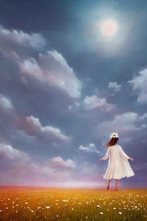 Image similar to giant white daisy flower veil, girl walking in a flower field, surreal photography, sunrise, dramatic light, impressionist painting, colorful clouds, digital painting, artstation, simon stalenhag