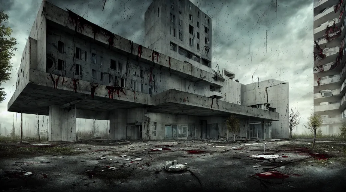 Image similar to post apocalyptic hospital building, featuring a big grey alien walking, morning, building, avenue, modern contemporary urban americana concrete architecture, by pascal blanche, neil blevins, apocalyptic color palette, trending on artstation, photorealistic, wilderness ambiance, ultra detailed, high definition, depth of field, bokeh, rubble, wild vegetation, blood stains, building crumbling