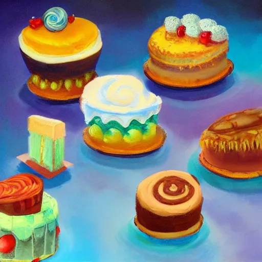 Image similar to concept art oil painting of fancy deserts, cakes, candies, and confections