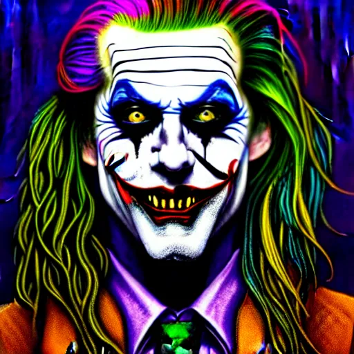 Prompt: An extremely psychedelic portrait of Rob Zombie as the Joker, surreal, LSD, face, detailed, intricate, elegant, lithe, highly detailed, digital painting, artstation, concept art, smooth, sharp focus, illustration