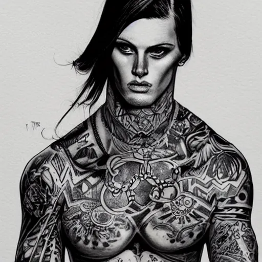 Prompt: a beautiful portrait of a heavily tattooed Runway model Travis Charest style