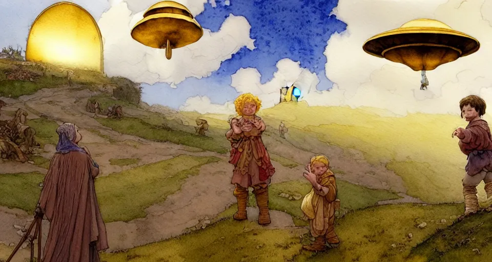 Image similar to a hyperrealist watercolor concept art of an elegant golden ufo in the sky above a small medieval town. one dirty medieval peasant child is in the foreground pointing up at the sky. very muted colors, by rebecca guay, michael kaluta, charles vess. high detail, hq, wide shot, 4 k