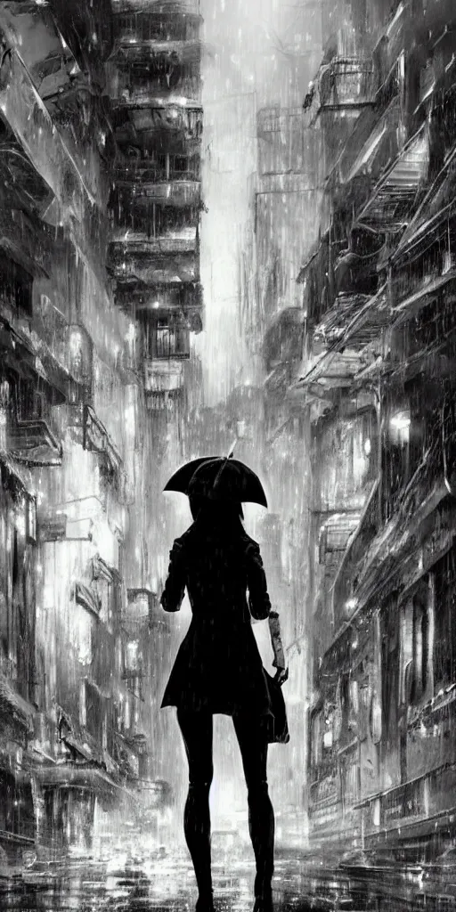 Image similar to a concept art landscape of a woman in the foreground, back to camera, standing in a claustrophobic alley of seedy futuristic city, standing in the rain with an umbrella, wet, emphasis on tall buildings, dirty, low angle