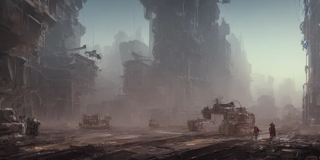 Prompt: a film still from elysium by ian mcque, a dusty street of an industrial planet, city, vibrant, 5 0 mm lens, video game environment design, behance hd, studio, evening, dramatic lighting, cinematic, global illumination, trending on artstation, bloom