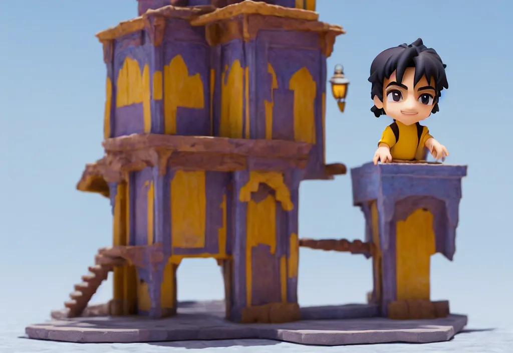 Image similar to side view of young aladdin as nendoroid running in desert village, 8 k hd dof, kodak film,