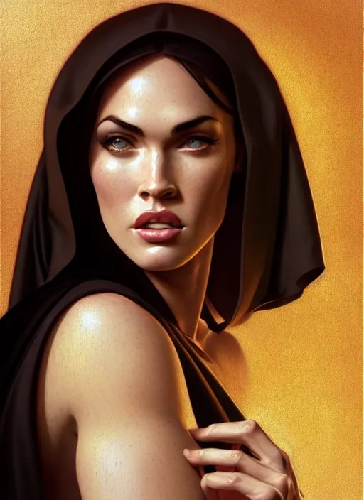 Image similar to portrait of megan fox as a sultry nun, catholic, church, bible, christian, intricate, headshot, highly detailed, digital painting, artstation, concept art, sharp focus, cinematic lighting, illustration, art by artgerm and greg rutkowski, alphonse mucha, cgsociety